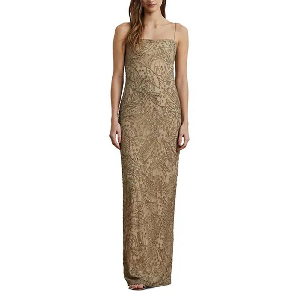 Lauren Ralph Lauren Beaded Leaf Print Gown Dress NWT Size 14 Grey Beige